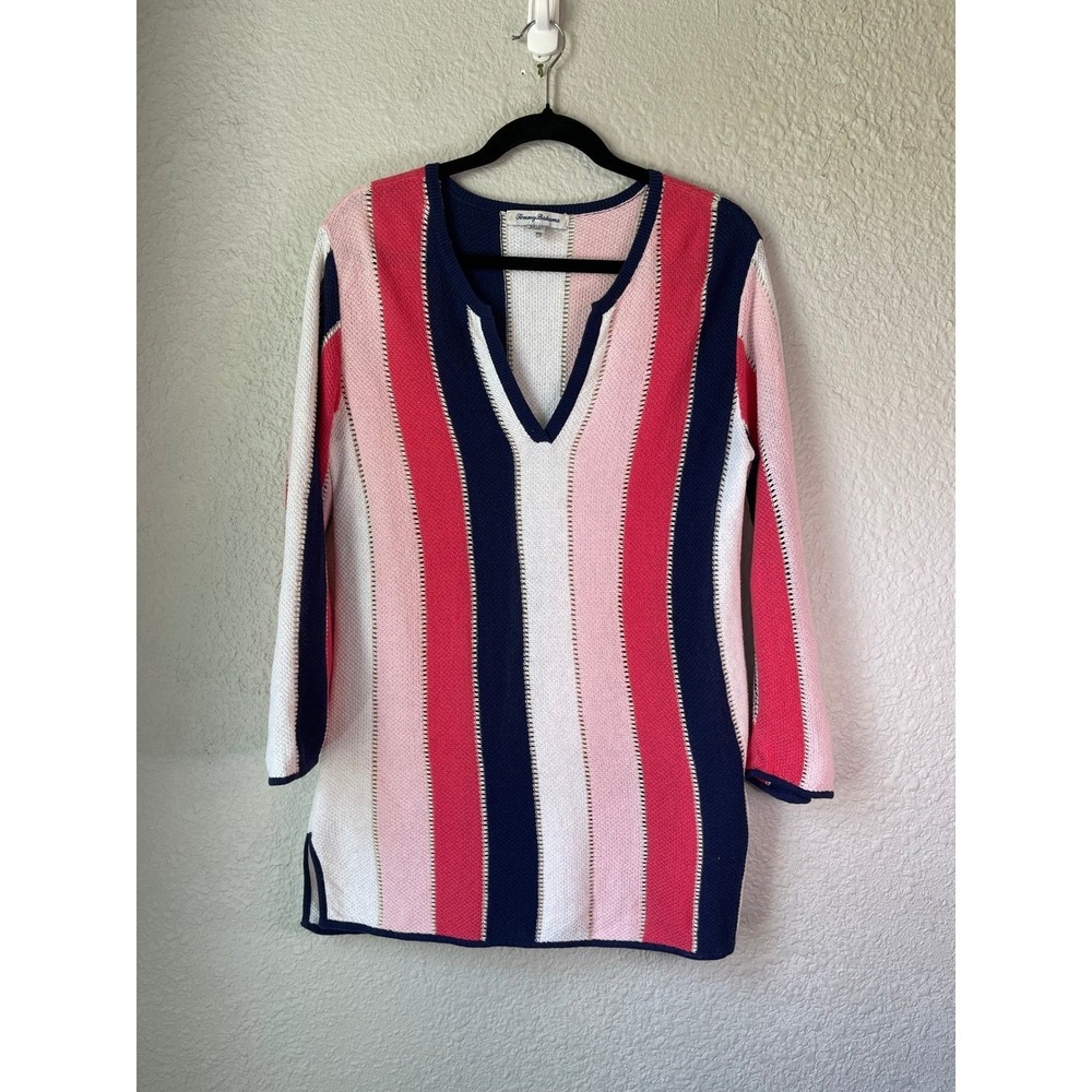 Tommy Bahama XS Striped Knit Tunic Top‎ Pink White Navy Casual Beach Cover Up